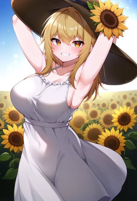 score_9, score_8_up, score_7_up, score_6_up, score_5_up, score_4_up,
simple background, gradient background,
refraction, caustics, rim lights, backlighting, bloom,
BREAK
source_anime, day, outdoors, sky, flower field, sunflower, sunflower field, sunset,
BREAK
1girl, sundress, sunhat, blonde hair, large breasts, see-through silhouette, happy, hair between eyes,
arms up, armpits, light smile,
 <lora:5danny1206-v1-PDXL:1>