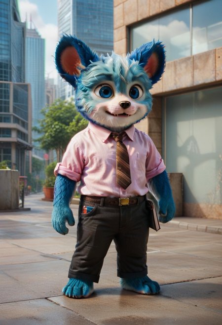 (((Barefoot furry character, full body, cinematic setting, furry male, plantigrade))) 
(((nubs_pooba))) dressed as (((businessman))), standing before (((modern glass and steel office building))), (((wearing pink shirt with brown necktie and long black pants))), stern, strict, ((arrogant))), blue fur, blue eyes, round ears, two little fangs, holds paper plates. semi-realistic animation
BREAK, intricate details, highly detailed, extreme detail, octane render, fine art, best quality, highres, (detailed face:1.5), ((full_body)), UHD, (((perfect hands))), ((low light:1.5))