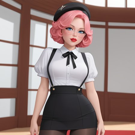 <lora:MrClaus_pony_v1:1>  MrsClaus, 1girl,  glasses, round eyewear,  solo, blue eyes, red lips, lipstick, makeup, pink hair,  short hair,  freckles, cowboy shot,  <lora:0902 Home wear 5_v1_pony:1> ruanyi0902,beret,black ribbon,collared shirt,black pantyhose,high-waist skirt,white shirt,suspenders