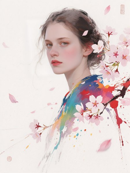 masterpiece, best quality, newest, absurdres, highres, intense eyes, sakura petals flying around, serene and fierce expression, delicate blush on cheeks, glowing smooth skin, ethereal floral atmosphere, dreamy ambient lighting, soft painterly textures, with the theme "the blossom that blooms through war and love"