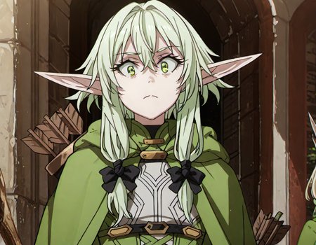 nsfw, highres, best quality, masterpiece, $\{quality\}, $\{style\}, best quality, very aesthetic, 8k, anime, masterpiece, best quality, detailed background, 8k, score 9, score 8 up, score 7 up, score 6 up, $\{girl traits\}, $\{appearance\}, hair between eyes, outdoors, solo focus, $\{clothing\}, $\{pose\}, $\{background\}, $\{composition\}, Yousei Yunde, Long blonde hair, Pointed ears, Green eyes, Fair skin, Green tunic, Leather armor, Bow and quiver, Slender build, Elf-like features, Green cloak, High Elf Archer \(Goblin Slayer!\)