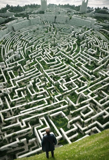 castle , A traveler contemplates a gigantic labyrinth made up of dozens of white, grass, medical towers.