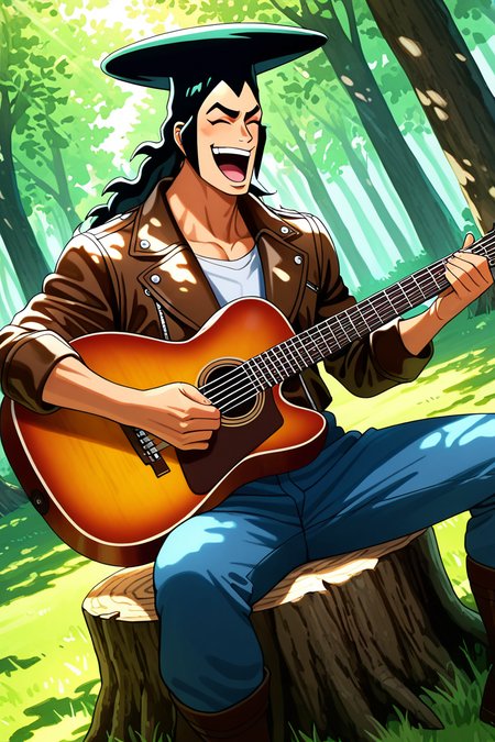 realistic shading, natural lighting, male focus, looking away, expressive happy face, closed eyes, kouzuki oden, black-bluish green_kouzuki oden_male long hair, red_kouzuki oden_makeup, 1boy, open mouth, smiling, singing, shiny skin, playing guitar, sitting on wood stump, legs apart, suggestive, spring clothes, cosplay, brown leather jacket, pants, boots, sunray, shadow, tree shade, serene, day, dappled sunlight, tree, forest, grass, dutch angle, dynamic angle, dynamic action, atmospheric perspective, cinematic, intricately detailed illustration, depth of field, masterpiece, best quality, amazing quality, very aesthetic, absurdres, newest, anime screencap