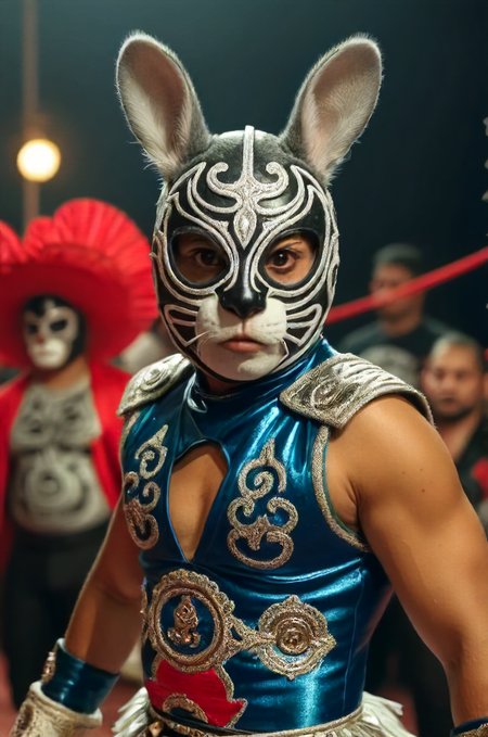 extreme lucha libre chinchilla, intricate costume, doesn't give a damn! , detailed, 8k , muted, low-key, <lora:- SDXL - creepy_n_freaks_V1.0:0.4>