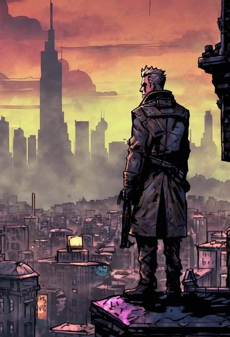 comicish artwork in dgst artstyle, a man in a long overcoat with a sniper rifle standing on a rooftop looking out over a city skyline, telescopic sight, skyscrapers, rooftop, rain, clouds, night, neon, cyberpunk,