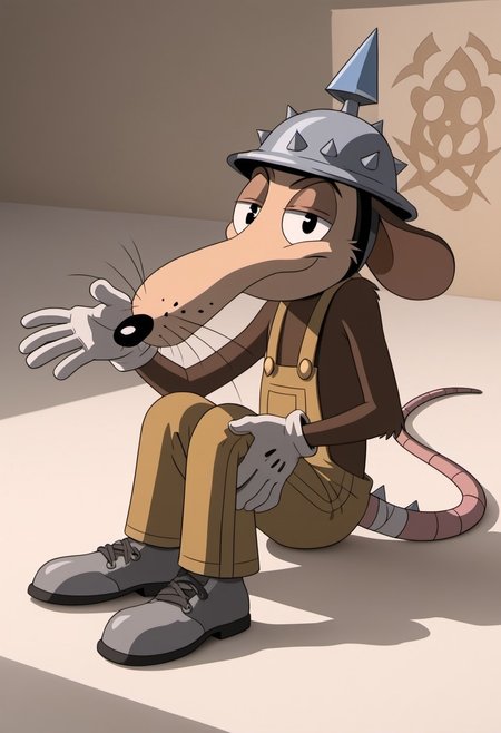 score_9, score_7_up, (masterpiece, extreme detail, best quality), solo focus, male, Werner Werman, mouse, black eyes, brown fur, whiskers, pointy nose, spiked helmet, rat tail, light brown overalls, lederhosen, grey footwear, grey shoes, perfect hands, white gloves, gloves, full-length portrait, skinny, petite, sitting, smile, half-closed eyes, smug, looking at viewer, flirty pose, source_photo, extremely detailed, pattern background, shadow, shading, hyperrealistic, bandaged tail