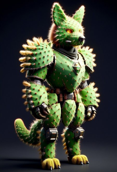 score_9, score_8_up, score_7_up, cs-l3ath3r, NCRender, 
Hidegarurumon is a fierce, wolf-like Digimon covered in rugged, dark brown Prickly Cactus armor. Its fur is sparse and resembles a patchwork of aged, Prickly Cactus  pieces that provide both flexibility and durability. The armor on its body is reinforced with Prickly Cactus  straps and buckles, designed to offer both protection and mobility. Its glowing yellow eyes shine through a mask-like Prickly Cactus  faceplate, and sharp Prickly Cactus claws extend from its paws, capable of tearing through most materials. A large, jagged Prickly Cactus tail swishes behind it, hardened to serve as both a weapon and a tool for balance in combat. NCRender