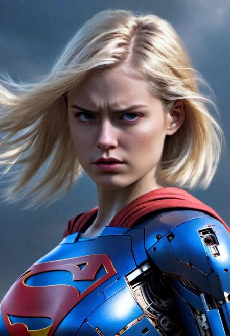 (masterpiece),
(robotic), 
1girl, blonde , floating hair,
superman,
angry mood,
 upper body shot, 
 HDR, highly detailed, 32k, trendind on artstation,