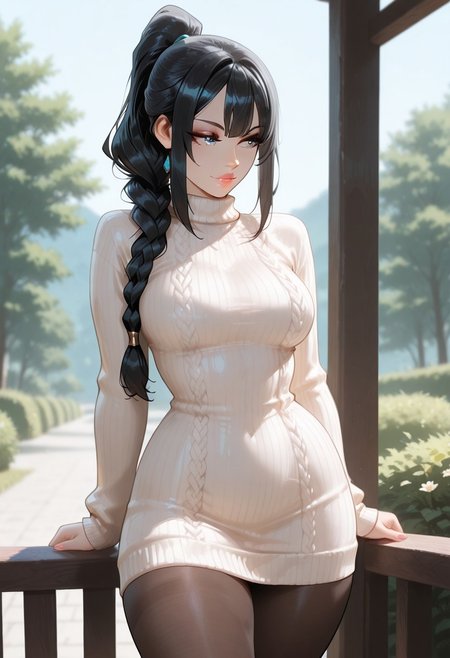 masterpiece, best quality, 32k, high resolution, absurdres, Monique, MoniqueRH, Adult girl, long black  hair, swept wispy_bangs, ponytail braid, long braid, icy blue eyes, busty,  medium breasts, narrow waist, thin nose, moles, moles on body, seductive look, detailed skin,  detailed lips, detailed eyes, sweater dress, dark pantyhose, looking away, outdoors, posing sexy, cowboy shot,