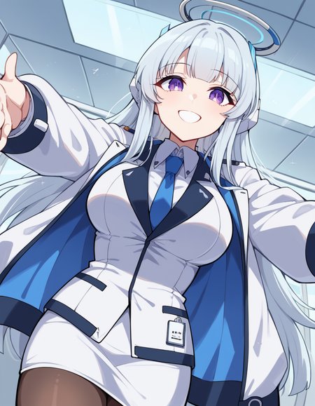 score_9, score_8_up, score_7_up, source_anime, <lora:noa-ushio-ponyxl-lora-nochekaiser:1>, noa ushio, purple eyes, grey hair, blunt bangs, long hair, sidelocks, large breasts, mature female, blue necktie, halo, headphones, long sleeves, mechanical halo, necktie, pantyhose, shirt, skirt, suit, two-sided fabric, two-sided jacket, uniform, white jacket, white shirt, white skirt, white suit, airport, planes, passengers, terminal, security, smile, on back, arm support, arms up, incoming hug, pov, reaching, reaching towards viewer,, looking at viewer, solo,, dutch angle, cowboy shot
