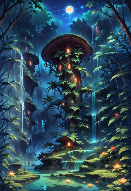 score_9, score_8_up, score_7_up, 
no humans, landscape, intricate, Exoterra-Style, natural lighting,
outdoors, nature, night, moonlight, forest, river, waterfall, reflective water, sparkles, sparkling water, 
wisps, mist, fog, spooky forest, dark, shadows