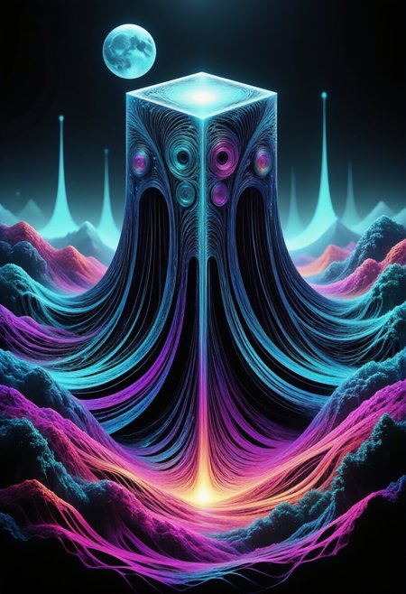 The image is a highly detailed, vibrant digital artwork of a square cannon-shaped megastructure made of fractangles rising through a dense layer of clouds and continuing out of the top of the frame. The scene is set at night, with a full moon. <lora:Hyper-FLUX.1-dev-16steps-lora:0.15> <lora:Challenge_Winnifier_ENTERPRISE_EDITION_epoch_5:0> <lora:New_Fantasy_CoreV4_FLUX:1> <lora:Fractangles_Flux:1>