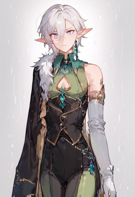 masterpiece,best quality,highly detailed,score_9,score_8_up,score_7_up,source_cartoon,expressiveh, 
BREAK
 blonde hair,aventurine,blue eyes,front view, 1androgynous,otoko no ko,1man,curvy,tomboyish figure, bdone, tall height, male size, elf, pointy ears, blonde hair, cape, tube top/green vest, shoulder tattoo, gloves, boots, colored skin, pale, POINTY ELF EARS, short hair, messy hair, silver white hair, glare in the eyes,rosy freckles, green cloak,  green thights, green leggings, a long piece of indigo fabric tied together to form a belt with a number of gold details,short hair,solo, alone,shiny skin,broad body, small breast,small bust,soft breast, big hips,silver armor bracers, athletic body, slightly toned, oiled body, closed_cloak, brooch, robe, cloak, green skintight, fully clothed
BREAK
heavy looking eyebrows, big dizzy eyes,
BREAK 
heavy rain,