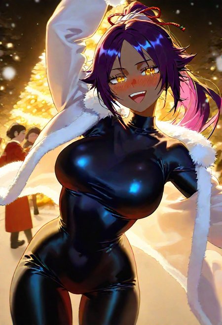 Masterpiece, Best Quality,Best Score, Best anatomy,ultra deitailed, golden eyes, detailed background, outdoor,people in the background, slightly blurred background, snowfall,
Yoruichi Shihouin, (dark-skinned):3, purple hair, ponytail, large breasts, black bodysuit, Christmas coat, drunk, very happy, (dancing), (fisheye perspective):2, snowfall winter, winter background, dynamic pose, 
<lora:add-detail-xl:1>, <lora:nyalia_NoobXL:0.3>, 
  <lora:nabibutterILLUS:0.1>, usnr, <lora:USNR STYLE_XL_loha:0.9>,