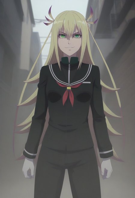 <lora:SlimesKanonIsui:1>, slimes_kanonisui, woman, solo, green eyes, alley background, evil smirk