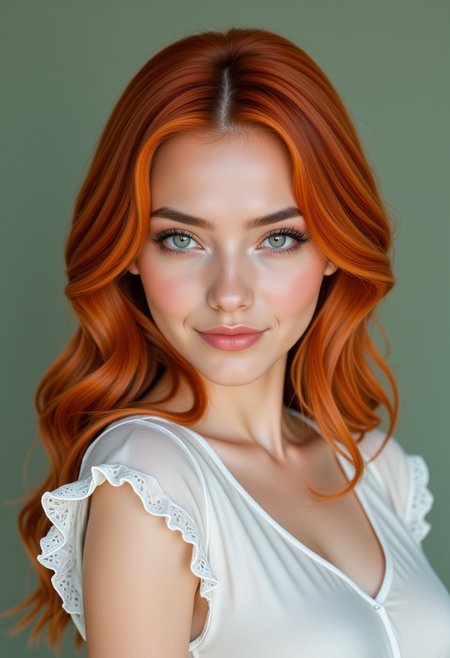 She is approximately 18 years old. Hyperrealism, she is looking at the camera, (dynamic angles), profile headshots of a beautiful, stunning unique female character.  she has red hair. her eyes are filled with joy and excitement, extravagant eyelashes. a photo of Amir@_warrior, she is wearing a white frilly shirt, The woman is posing confidently. simple sage green colored background. She has a slight smile on her face and is looking directly at the camera. making this image a masterpiece of photography and digital art. realistic. making this image a masterpiece of photography and digital art. Style: realistic hyper-detailed rendering, 32k UHD, expressive eyes, punk, graphic design, girl's face, pretty and cute, gleaming lips, telling a tale of adventure. Exuding confidence and serenity. The overall mood of the image is happy and relaxed,detailed skin texture,(blush:0.2),(goosebumps:0.3),subsurface scattering,whimsical,Detailed hand, Perfect hand. Perfection style.