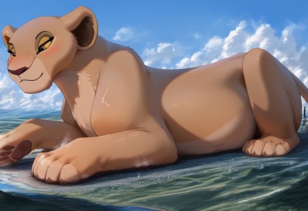 Safe_pos, score_9, score_8_up, score_7_up, detailed face, best quality, 1girl, solo, masterpiece, detailed background, beautiful, detailed eyes, mature female, giantess, macro
side view, lien,
1girl, solo, furry art, feral, Nala, Lioness , Solo, Lion King, Disney, furry, On fours, tail, full body view,
pin up pose, laying on side, light smile, narrowed eyes, blush
long river, skyline, cityscape, destroyed cityscape,  earthquake, steam, fog, craters