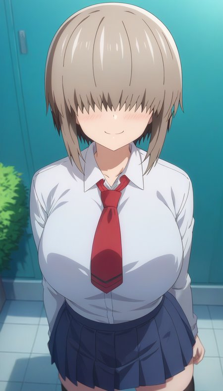 score_9,score_8_up,score_7_up,score_6_up BREAK official art,solo,outdoors,upper body,(portrait:1.5),looking at viewer,facing viewer,smile,blush,Yanagi Uzaki,short hair,grey hair,shiny hair,short hair with long locks,sidelocks,long bangs,covered eyes,hair over eyes,no eyes,collarbone,school uniform,white shirt,collared shirt,red necktie,long sleeves,large breasts,skindentation,shirt tucked in,miniskirt,black skirt,pleated skirt,thighs,zettai ryouiki,black thighhighs,loafers,<lora:Yanagi Uzaki(uwa)-Pony:1.6>,