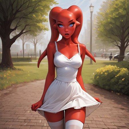 safe_pos, ((((dynamic view)))),
fHandDetail, ((Twi'lek girl, red skin, red lekku, stunning blue eyes, 18 years old)), (nubile hourglass figure, perfect tight ass, perfect medium breasts), (skin detail, freckles, moles:1.4), in an office, seductive pose, 
perfect makeup, ((sundress, white thighhighs)), 
BREAK
(:1.2), shocked, surprised, wide eyes, 
BREAK
(pretty eyes, looking at viewer, eye contact, seductive pose:1.4), 
BREAK
((((park, detailed multi-layered background)))), 