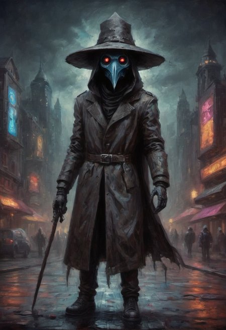 drkkaw, award winning painting of a futuristic dark plague doctor, dystopian cyberpunk city, high quality macro photo, 10k high resolution, vibrant colors, 4k high resolution, high quality macro photo