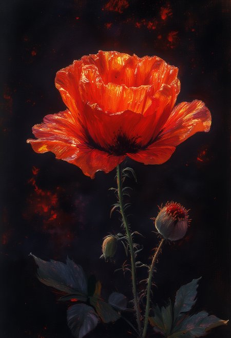 Basking in the mesmerizing contrast between radiant luminosity and eerie obscurity, this exquisite piece of art showcases a majestic red poppy in its full bloom. The vibrant petals radiate warmth as they elegantly unfurl against a deeply velvet black background, evoking a tantalizing interplay of light and shadow that seems to enhance the poppy's allure. Detailed strokes effortlessly capture each delicate curve and crimson hue, further emphasizing the subtle yet profound intertwining of colors. The poppy appears to emerge triumphantly from the gloom, emanating a vital spirit, embodied in the captivating depths of its radiant blossom. ,<lora:OBä¸­ä¸çºªæ²¹ç»v1.1.safetensors:1.0>