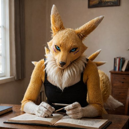 photorealism, realistic, solo,
renamon, yellow fur, anthro, furry, studying in her room, detailed fur, soft fur,
<lora:Pony_DetailV2.0:1>