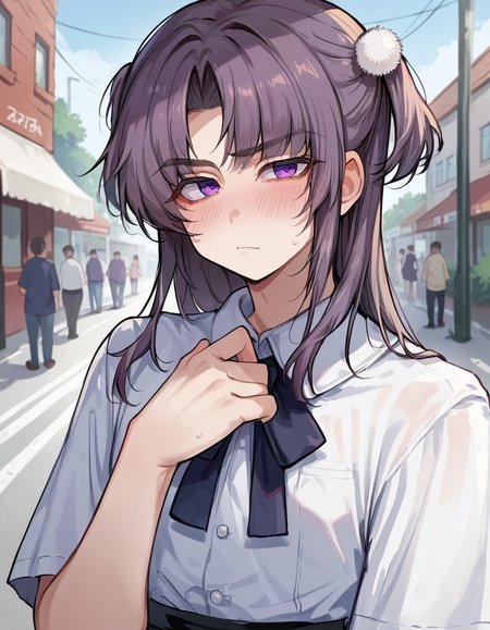 score_9, score_8, score_7, source_anime, public, blush, 1boy, femboy, pompom625tn, upper body, purple eyes, solo,  <lora:pompom625tn:0.7>,