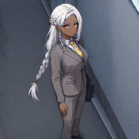 masterpiece, best quality, newest, absurdres, highres, PCSVIL-V1.0, pixel art, 1girl, dark skin, dark-skinned female, grey suit, suit official attire, official clothes, nectie, yellow necktie, white hair, long hair, braid, single braid,