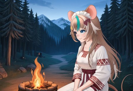 ((masterpiece, best quality, absurdres, highres, newest, very aesthetic, extremely detailed, very away, year 2025, detailed background, perfect anatomy, surreal)),detailed ,<lora:xmc_v0.3_noobai_cwhj_946906:0.8>,<lora:illustrious_best_quality_v1_1021798:0.8>,<lora:add-detail-xl:0.9>, <lora:Nastra_Moonlight_Vtuber:0.8>,nastraillusv1,1girl,solo,animal ears, breasts,brown hair,streaked hair,multicolored hair,long hair,mouse ears, mouse tail,white hair,heterochromia,hair ornament,bangs,blue eyes,virtual youtuber, anime coloring, village,forest background, traditional outfit, slavic, slavic robe, upper body, kokoshnik_headdress, slavfantasy, kokoshnik, sitting, Near campfire, view from side,Thoughtful face,