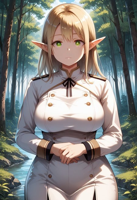 score_9, score_8_up, score_7_up, 1girl, solo, (FujisakaLP), (split eyes), scenery, (big breasts:0.8). (wide thighs:1.1), (wide hips:1.1), (mature woman:1.1), (high definition eyes:1.1), masterpiece, best quality, intricate details, gorgeous blonde elf woman, (green eyes), perfect anatomy, perfect face:1.1), white one-piece uniform, sharp focus, looking at viewer, ultra-high definition, extremely detailed illustration, smooth, detailed background, forest, seductive, venusbody