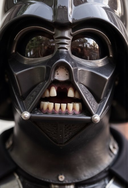 Darth Vader with human teeth and black gums, d4nt4 a mouth with missing teeth