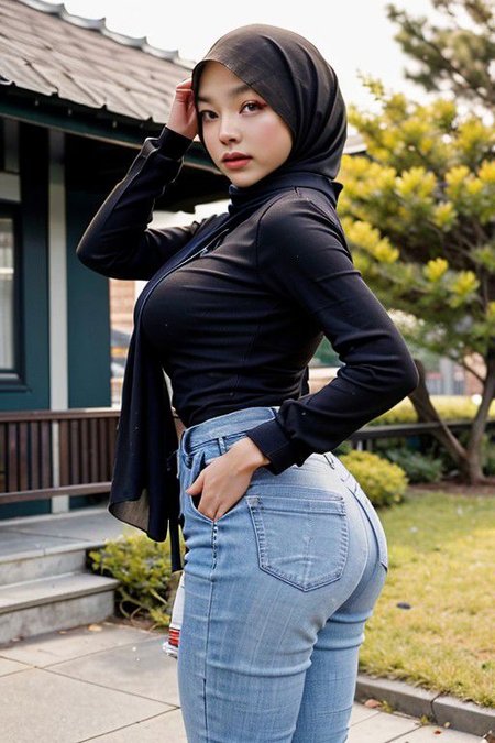 masterpiece, best quality,   RAW photo, (photorealistic:1.37, realistic), highly detailed CG unified 8K wallpapers, 8k uhd, dslr, soft lighting, high quality, film grain, Fujifilm XT3, Asian girl, 25 year old in hijab, thick body, sexy, big breast, ass, long shirt, jeans, standing outside, hall,  Photo texture adjuster