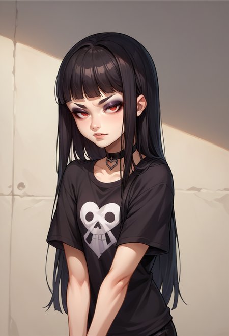 score_9, score_8_up, score_7_up, source_anime, 1girl, solo, tokismtiva, long hair, black hair, blunt bangs, red eyes, black shirt, t-shirt, black choker, heart choker, goth, eyeliner, eyeshadow, <lora:zs_TokiXL:1>