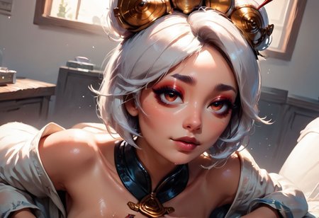 score_9, score_8_up, score_7_up, pinup girl pose, Expressiveh, volumetric lighting, mood lighting, cinematic lighting, dark cinematography, semi-realistic, view from above, focus on face, red-framed eyeware, hair ornament, white hair, purah, sweaty, wet and shiny skin, hyper-realistic wet skin, posing, in laboratory
BREAK, very high angle