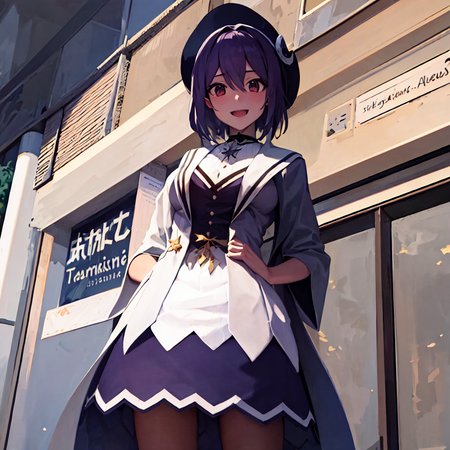 masterpiece, best quality, photorealistic, 3D, shiny_skin, shiny_hair, dynamic angle, beautiful detailed glow, HDR, Rembrandt lighting, colorful refraction, lens flare, bloom, film Reflection, chromatic aberration, light diffusion, public indecency, cowboy shot, deep meaning, physically-based rendering, bright, vibrant, intricate, 1girl,otodama tamako,<lora:otodama tamako:1.0>,  :d,hat
