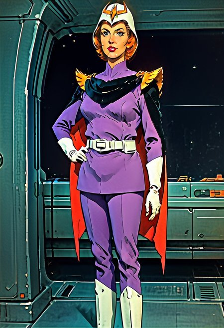 FGKycilia, 1girl, orange hair, no ears, black eyes, lipstick, solo, looking at viewer, purple military uniform, helmet, sword on hip, long sleeves, belt, cape, white gloves, pants, knee boots, spaceship interior, very ugly, average