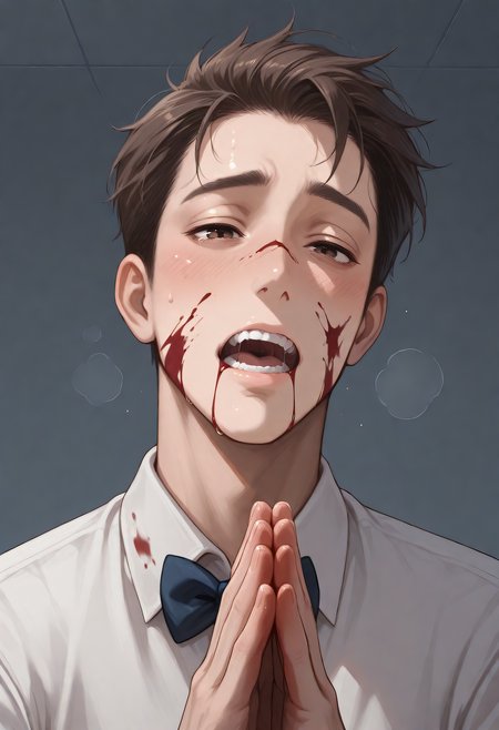 embedding:Illustrious\Positive\IllustriousQual, embedding:Illustrious\Positive\IllusP0s, 1boy, male focus, solo, tnmn_milkman, baggy eyes, brown eyes, brown hair, tilting head aside, begging, own hands together, uniform, collared shirt, bowtie, blood on face, blood on clothes, open mouth, teeth, heavy breaths, tired, upper body, best quality, masterpiece, high resolution.
