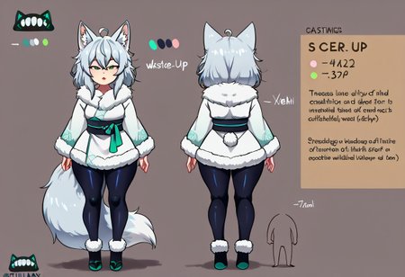 bbw,score_9,score_8_up,score_7_up,score_6_up, Expressiveh, ultra-detailed,masterpiece, best quality, good quality, newest,anime,highres,high detail,, 
long wide fox ears with fluff,massive fluffy fox tail,black fur, silver-blue hair,messy hair,lips,green eyes,(detailed eyes),dark eyelids,slanted eyes,, 
character profile, color guide,, 
fully clothed from the neck down,fur clothing,close-up,, 
<lora:Kevab:0.4>,jlullaby,shiny skin,<lora:Lunas-JLullaby-SDXL-A3:1>, mrscrambled,Greatestgori style, greatestgori style-pxl,worldbuilding