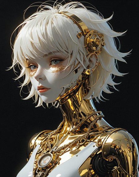 Manga style, detailed hyperrealism, full-body automaton (Jamie Hewlett, John Berkey), with short straight white hair, opal medallion, head tilted to one side, face hidden by hair, golden skin, very high contrast, lighting overhead, darkness, nudity, black background; 3D rendering, 4K <lora:Sinozick:1> <lora:epi_noiseoffset2:1>