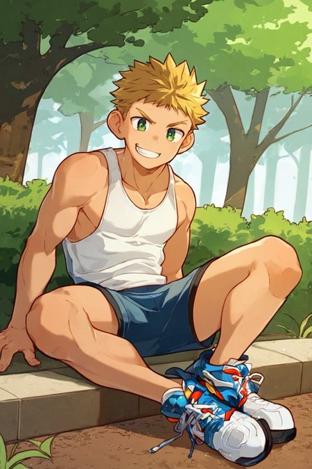 score_9, score_8_up, score_7_up, BREAK, 1boy, solo, <lora:AHR_Studio:0.8>, AHR style, solo, 1boy, toned, blonde hair, short hair, sideburns, green eyes, tank top, shorts, sneakers, sitting, grin, looking at viewer, park, <lora:Expressive_H:0.8>, Expressiveh,  <lora:PonyQuality_V3.3:0.8>,