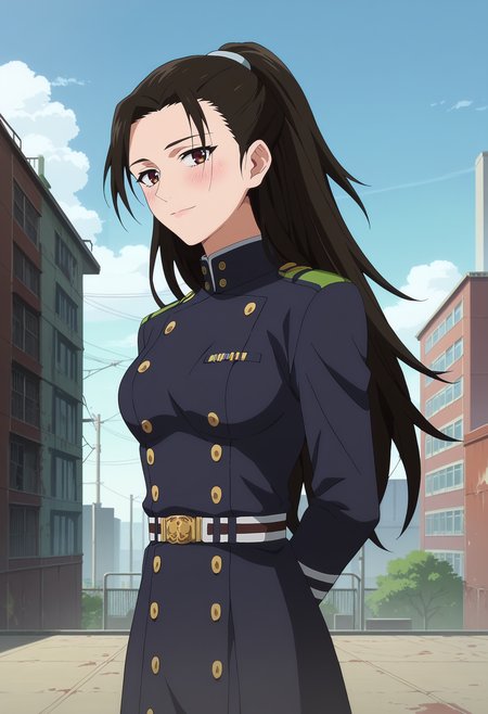 score_9, score_8_up, score_7_up, anime screencap, source_anime, 1girl, solo,
<lora:Aiko_Aihara_Seraph_of_the_End_V1:.85>, KJOaiko, black hair, brown eyes, long hair, ponytail, 
military uniform, 
light smile, blush, looking at viewer, arms behind back, 
abandoned building, ruined city, rooftop, outdoors, 
(Beautiful, medium Breasts:1.2),