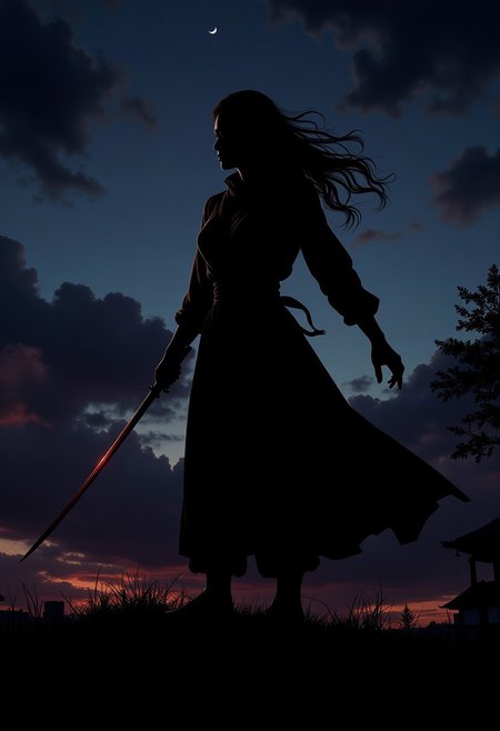 Stunning illustration of Japanese female ninja, silhouetted against the night sky, chiascuro, directional lighting, very dark