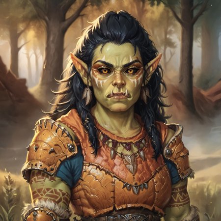 (((beautiful, high quality))), upper Body, score_9, score_8_up, score_7_up, valeria, Orc, fangs, pointed ears, black sclera, 1girl, green skin, amber eyes, amber eyes, fur trim, fur armor, looking at the viewer, dynamic pose, blurred background, in the style of jeff-easley, oil painting, realistic, black hair, short sleeves, serious look, tribal tattoos, (orange armor:1.2), muscular, defined fangs,