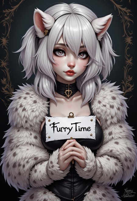digital_media_(artwork) hi_res, score_9, score_8_up, score_7_up, score_6_up, score_5_up, score_4_up, rating_safe, beautiful, intricate, high quality details, highly detailed, amazing quality, anthro, furry, female, detailed textured fur, fur tufts, fluffy,  cute, small, detailed sexy eyes, solo, SFW, snow leopard, spotted fur,, multicolored hair, streaked hair, absurdres, highres, goth, heavy eyeliner, heavy eye shadow, breasts, holding a sign with text "Furry Time", digital art, anthro