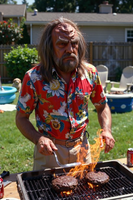 A hyper-realistic portrait, photorealistic photo close-up image of  A Klingon in a brightly colored Hawaiian shirt and cargo shorts stands behind a BBQ grill in a suburban backyard, intently flipping burgers with a large spatula. His ridged forehead furrows in concentration as the grill flames flare up, casting a warm glow over the scene. Behind him, a couple of lawn chairs sit empty, with a cooler full of drinks beside them, while a small inflatable pool shimmers in the background. The Klingonâs bat'leth rests nearby on the picnic table, incongruously placed next to a bowl of chips and salsa. In one hand, he holds a pair of tongs, ready to turn the next burger, while in the other, he clutches a can of soda, the label in Klingon script. His eyes flash with pride as smoke rises from the perfectly seared patties. Around the yard, childrenâs toys are scattered, and a small, yapping dog barks in the distance. The scene is a mix of warrior intensity and suburban relaxation, as the Klingon masters the art of grilling on Earth. (photography, high-resolution, dynamic, energetic,hyper-realistic, dramatic lighting, shallow depth of field.)<lora:aidmaMJ6.1-FLUX-V0.1:0.6><lora:Movie_Portrait><lora:Flux DetailerV2><lora:klingon_FLUX:1.1>