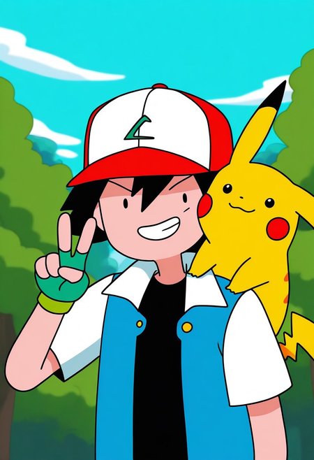 masterpiece, best quality, adventure time, dot eyes,
ashpk, 1boy, male focus, solo, black eyes, black hair, hair between eyes, hat, baseball cap, shirt, black shirt, multicolored clothes, multicolored jacket, jacket, blue jacket, white jacket, open jacket, open clothes, short sleeves, pokemon (creature), pikachu, pikachu (pokemon), pokemon on shoulder, smile, grin, v sign,  gloves, green gloves, fingerless gloves,
outdoor, sky, day, tree, 1990s_(style)