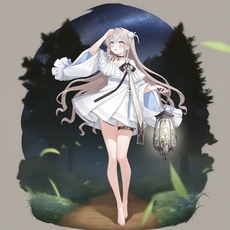 1girl, solovey, solo, full body, three-quarter view, blush, aqua eyes, (5 fingers), looking up, :o, white dress, hair ornament, thigh strap, barefoot, holding lantern, arm up, night, forest, starry sky, walking, vines, black choker, very awa, masterpiece, best quality, highres, absurdes, depth of field, newest, year2024, <lora:solovey:1>