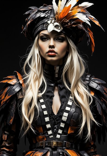 japanese supermodel, long platinum hair, dark eyeshadow, red lips, wearing a masquerade costume, with a hat fashioned out of feathers to resemble an eagle's head, and a feathered dress, dark background, silhouetted, chiascuro, midjourney_whisper_avant_couture