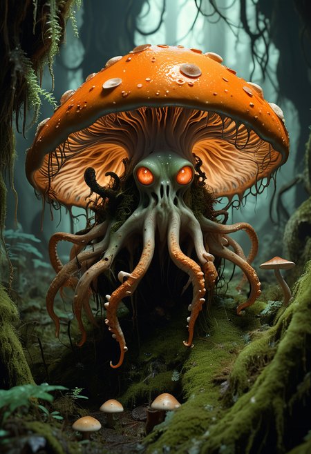 (medium full shot) of (exotic hybrid creature) with mossy orange skin, exoskeleton plates, webbed hands, extra eyes on the forehead, tentacles, ethereal glow, luminescent moss, in set in  a dense fungal cavern, with a forest of giant mushrooms and toadstools, their luminescent caps creating an eerie, magical glow, ,Masterpiece,best quality, raw photo, realistic, very aesthetic