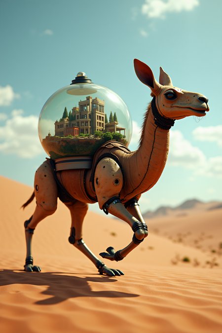 national geographic photography of a camal running over a desert, he transport a glass terrarium with a miniture city on his belly, realistic, mechanical vegetal cyborg, futuristic robot organisms, steampunk robot camal animals, steampunk animal, dangerous atmosphere